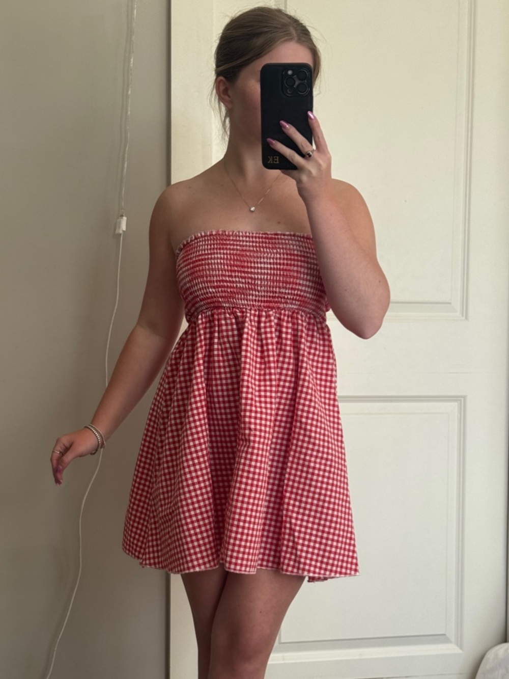 Red Gingham Strapless Smocked Mini Dress